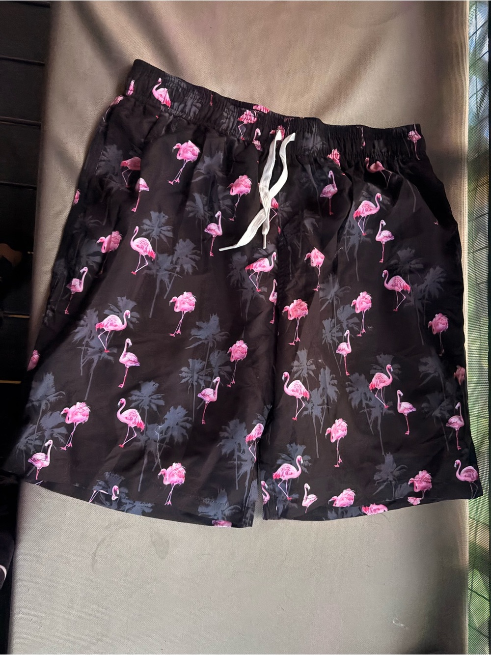 Black Swim Shorts with Pink Flamingo Print